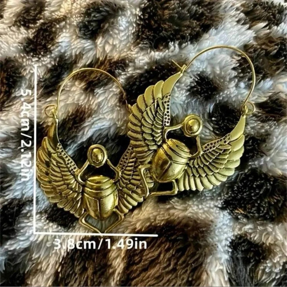 Beetle ONYX BRASS EARRINGS - EGYPTIAN RALISMAN INSECT JEWELRY - Picture 5 of 5